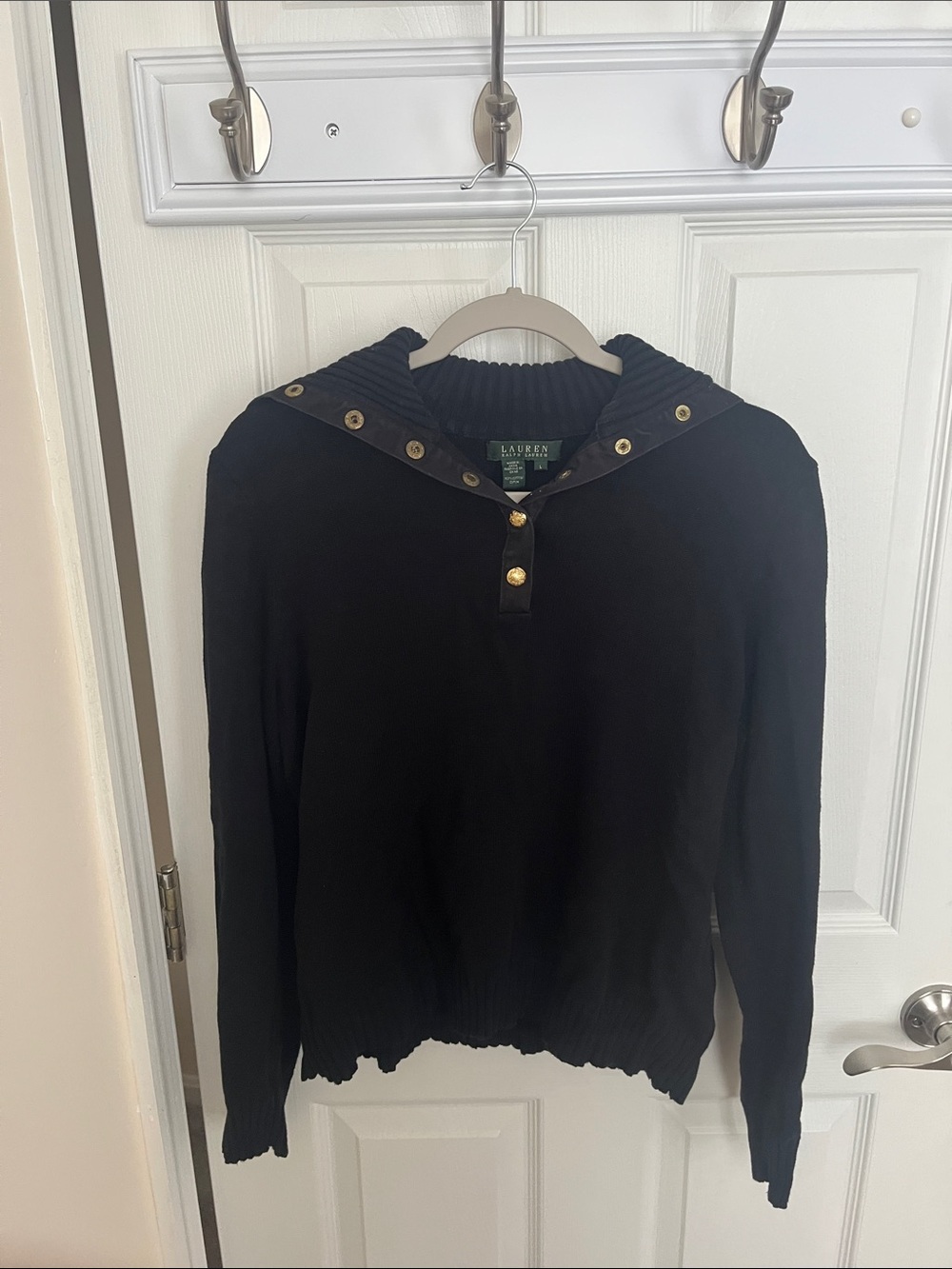 Lauren Ralph Lauren Black Long-Ribbed Snap Pullover Sweater -100% Cotton